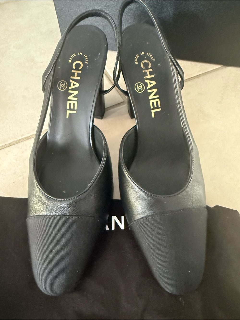 CHANEL 2025 classic Black Leather Slingback Heels with Gold CC Heel Accent - Picture 3 of 4